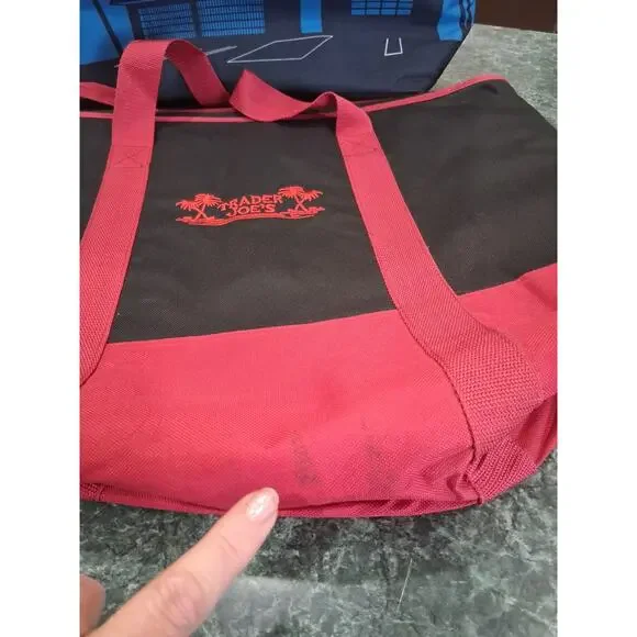 2- Trader Joe’s Insulated Tote Bags - 8 Gallon Blue - Lg Black Red Embroidered - Picture 10 of 13